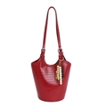 Red crocodile embossed tote bag with vintage wooden bead charm and long shoulder strap - Red