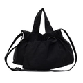 Black nylon tote bag featuring a ruched design with adjustable strap and front pocket - Small / Black