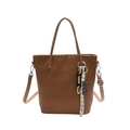 Dark brown woven bucket bag with dual handles and detachable crossbody strap - Brown