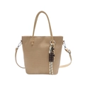 Beige woven bucket tote bag with chocolate charm and adjustable shoulder strap - Light Khaki