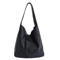 Classic black woven faux leather hobo tote bag with a spacious minimalist design - Black