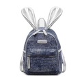 Mini mochila de denim azul con lentejuelas, orejas de conejo plateadas y bolsillo - Azul Real