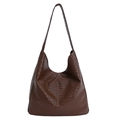 Dark brown large woven tote bag with Intrecciato pattern and minimalist shoulder design - Light Coffee