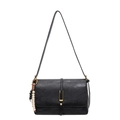 Retro black leather shoulder flap bag with gold buckle and beaded charm detail - With Pendant / Black