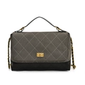 Gray suede chain handbag with white diamond quilting and black leather accents - Gray