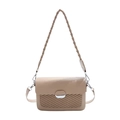 Khaki woven crossbody bag with silver buckle and dual shoulder straps on white background - Khaki