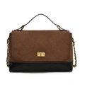 Quilted brown suede and black leather crossbody bag with golden turn-lock and chain strap - Coffee Brown