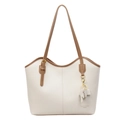 Borsa tote beige con manici marroni e un simpatico ciondolo a forma di elefante in pelle - Bianco Sporco