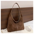 Bolso hobo vintage de ante marrón con costuras blancas en contraste y gran capacidad - Marrón