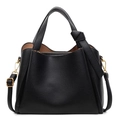 Elegante bolso tipo cubo negro con grano lichi, herrajes dorados y asa superior - Negro