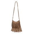 Borsa a tracolla boho con frange in camoscio color cammello e chiusura a zip argentata - Cachi Scuro