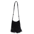 Retro bohemian black crossbody phone bag featuring dense long tassels and thin strap - Black
