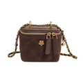 Deep brown quilted suede box bag with gold flower accent and chain strap - Small Coffee