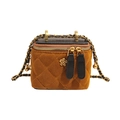 Quilted ginger suede box bag with black leather lid and gold plum blossom charm - Small Brown