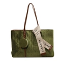 Olive green velvet tote bag with diamond pattern, brown straps and round pouch charm - Green