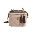 Beige and brown quilted mini chain bag with gold flower logo and leather strap - Small Rice Grey