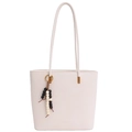 Creamy white oil wax leather tote bag for women featuring stylish beaded ring charm - With Pendant / White