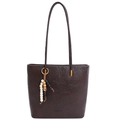 Vintage dark brown oil wax leather tote bag with elegant beaded tassel and shoulder strap - With Pendant / Brown