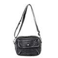 Dark gray washed denim crossbody bag with adjustable strap and front button pocket - Black