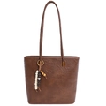 Retro brown oil-wax leather tote bag with elegant beaded pendant and slim shoulder strap - With Pendant / Brown