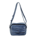 Blue denim crossbody bag with adjustable strap and silver metal buckle on white background - Light Blue