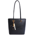 Classic black oil-wax leather tote bag with stylish wooden bead pendant and long straps - With Pendant / Black