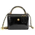Borsa box in pelle verniciata nera con rosa dorata e manico metallico elegante - Nero