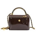 Borsa quadrata in pelle verniciata marrone scuro con fiore dorato e catenella - Marrone