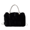 Schwarze Kunstpelz-Handtasche mit Strassgriff, Perlen und silberner Kettenträger - Schwarz