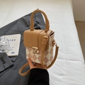 Mini bolso bandolera a cuadros beige y marrón con cierre dorado y asa superior - Sin colgante / Caqui Sin Colgante