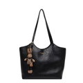 Large black textured leather tote bag with gold lettering and cute rabbit pendant charm - With Pendant / Black