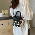 Quilted mini square crossbody bag in black and grey check with cute rabbit charm - With Rabbit Pendant / Black With Pendant