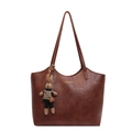 Brown faux leather tote bag with large capacity and plush rabbit charm detail - With Pendant / Brown