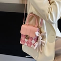 Pink and white checkered quilted mini crossbody bag with heart lock and bunny charm - With Rabbit Pendant / Pink With Pendant