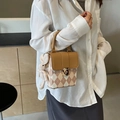 Mini retro argyle crossbody bag in beige and brown with a cute bunny charm - With Rabbit Pendant / Khaki With Pendant