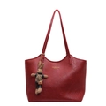 Red large capacity faux leather tote bag with fashion lettering and rabbit pendant - With Pendant / Burgundy
