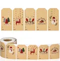 Rotolo di adesivi natalizi in carta kraft con illustrazioni di pupazzo di neve e renne - Illustrazione Plaid Rosso e Nero Vintage (W122) / 300 Pezzi