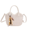 Sac à main tissé crème avec bandoulière et pompon décoratif en perles de bois colorées - Blanc Avec Pendentif