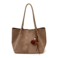 Large capacity coffee suede tote bag with decorative tassel and shoulder straps - Khaki