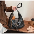 Chic black faux leather tote bag with decorative buckle and cute brown bear charm - With Pendant / Black