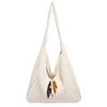 Minimalist knit striped tote bag with bohemian wooden bead tassels and large capacity - White