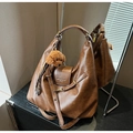 Retro brown faux leather tote bag with teddy dog charm and adjustable shoulder strap - With Pendant / Brown