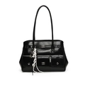 Borsa a spalla in pelle cerata nera lucida con fibbie argento e ciondolo intrecciato - Borsa Singola / Nero