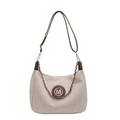 Beige canvas shoulder bag with brown leather trim and circular metal M logo detail - Off White