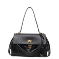 Classic black tote bag with gold twist lock, leather texture and adjustable shoulder strap - L Black