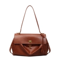 Vintage dark brown leather tote bag with matte finish and bronze metal buckle closure - Small Brown
