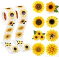 Detailed close-up of sunflower thank you stickers roll with eight diverse floral patterns - Diameter 3.8cm (C210)