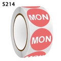 Red circular Monday labels on a roll with bold white MON text for office and food storage - Monday (MON) (S214)
