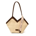 Chic woven tote bag in cream with dark brown leather trim and stylish V-shape opening - Off White