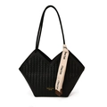 Black woven shoulder tote bag with deep V-cut opening and elegant letter ribbon accessory - Black